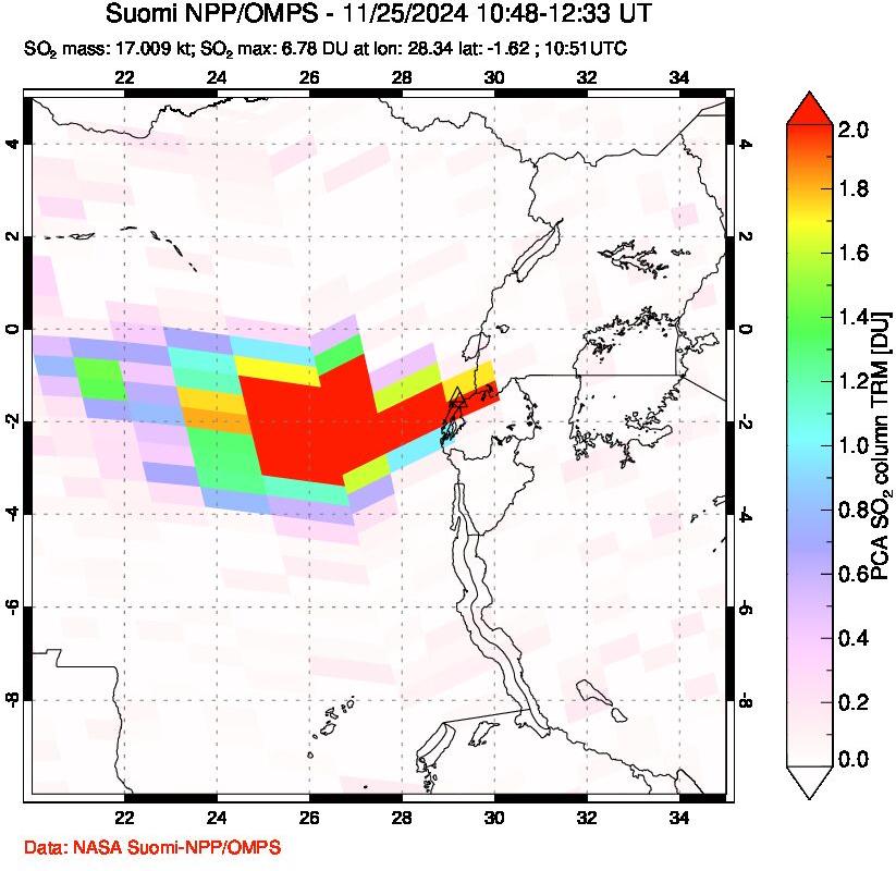 A sulfur dioxide image over Nyiragongo, DR Congo on Nov 25, 2024.