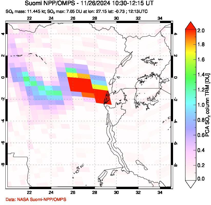 A sulfur dioxide image over Nyiragongo, DR Congo on Nov 26, 2024.