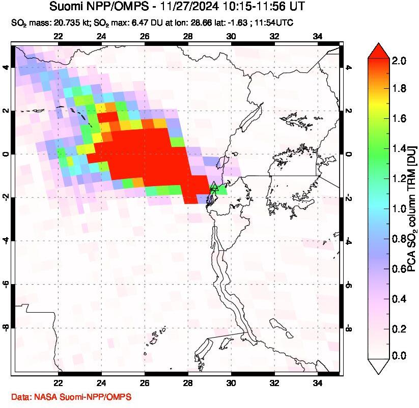 A sulfur dioxide image over Nyiragongo, DR Congo on Nov 27, 2024.