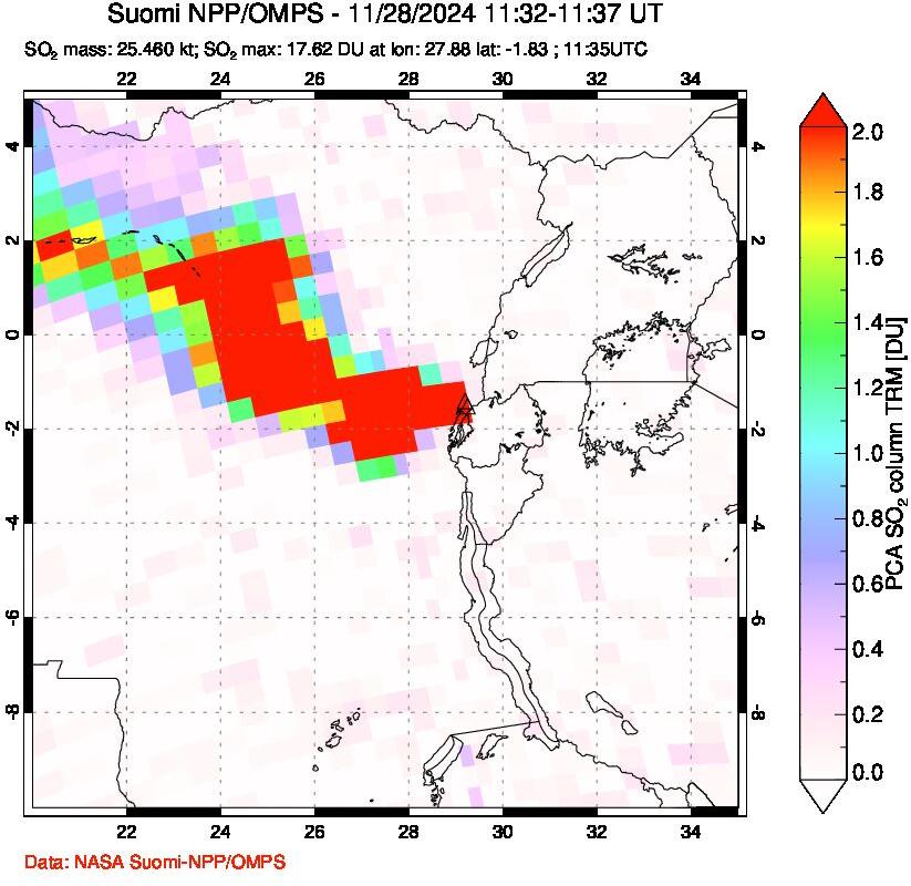 A sulfur dioxide image over Nyiragongo, DR Congo on Nov 28, 2024.