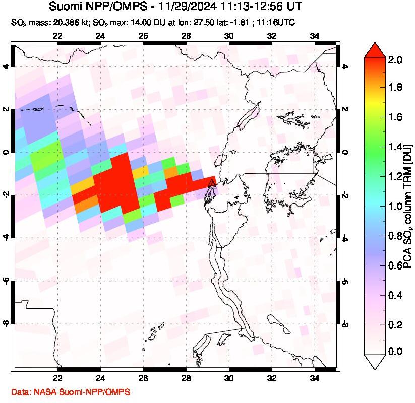 A sulfur dioxide image over Nyiragongo, DR Congo on Nov 29, 2024.