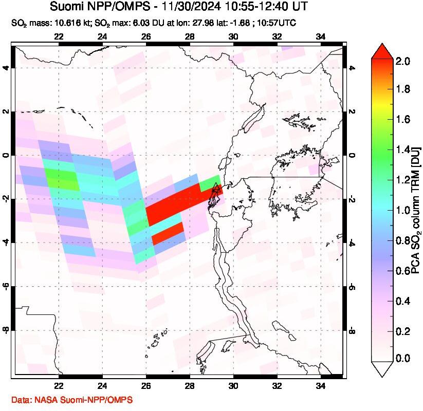 A sulfur dioxide image over Nyiragongo, DR Congo on Nov 30, 2024.