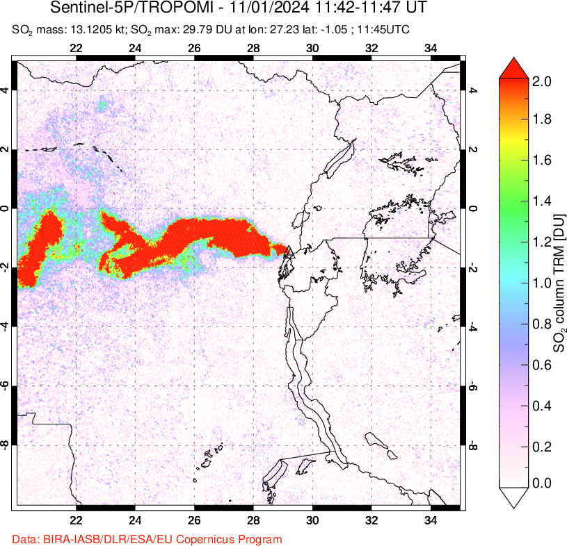 A sulfur dioxide image over Nyiragongo, DR Congo on Nov 01, 2024.