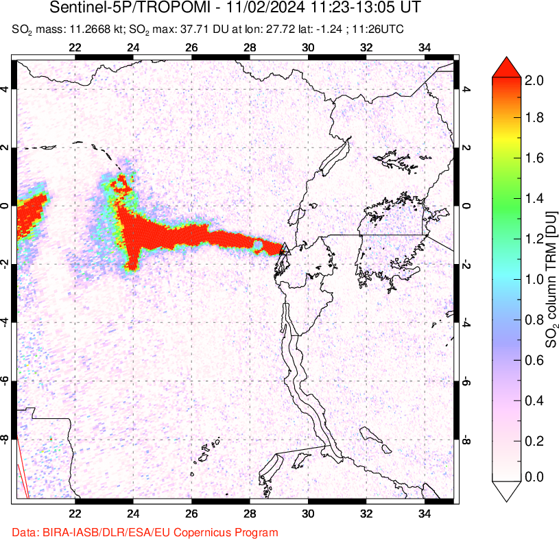 A sulfur dioxide image over Nyiragongo, DR Congo on Nov 02, 2024.