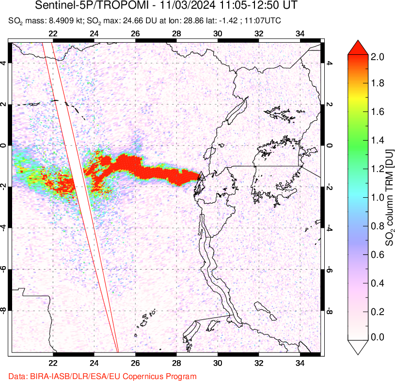 A sulfur dioxide image over Nyiragongo, DR Congo on Nov 03, 2024.