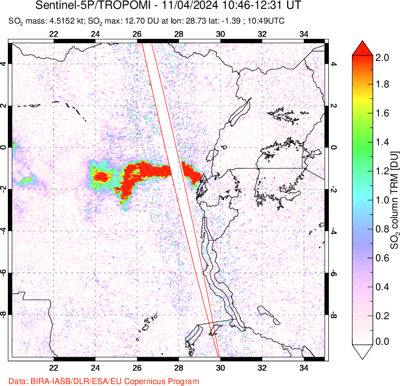 A sulfur dioxide image over Nyiragongo, DR Congo on Nov 04, 2024.