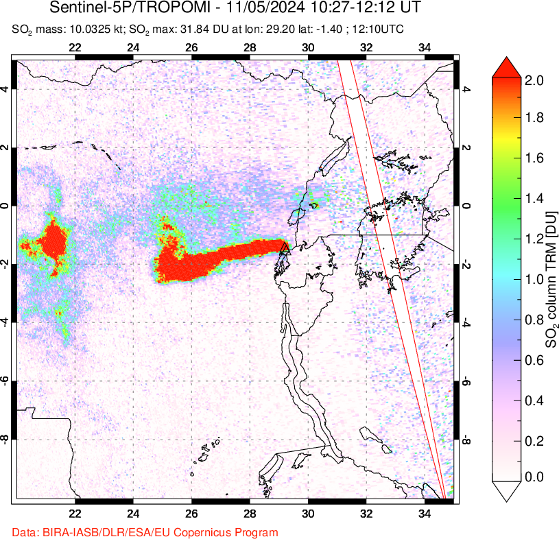 A sulfur dioxide image over Nyiragongo, DR Congo on Nov 05, 2024.