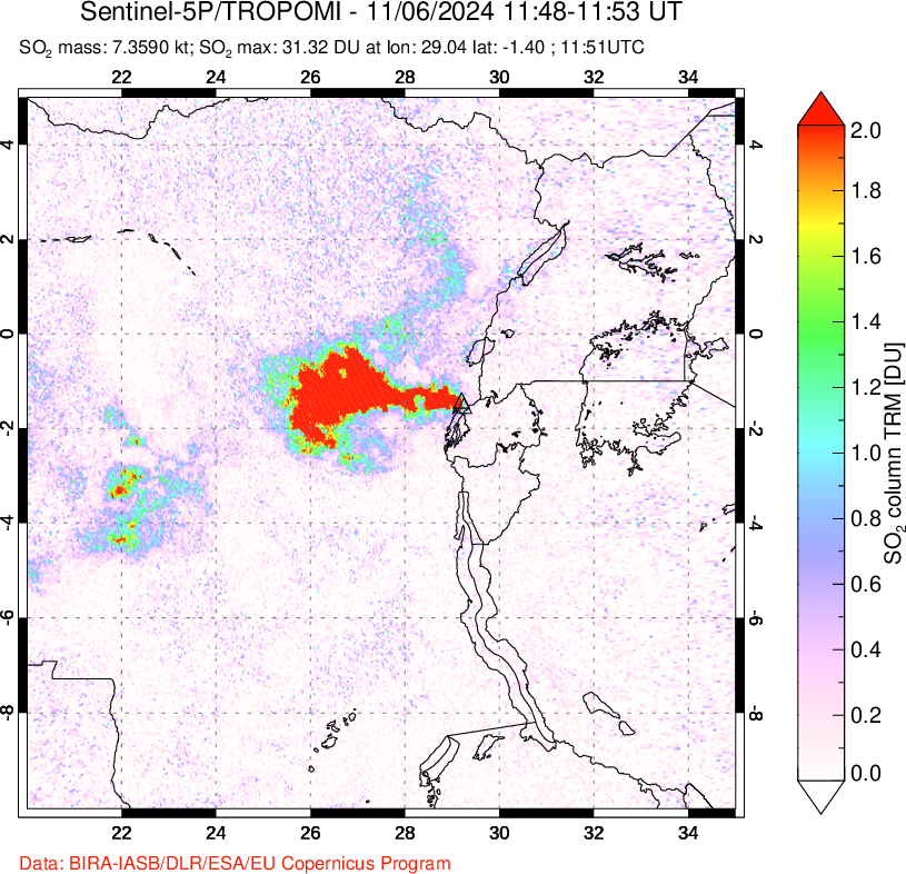 A sulfur dioxide image over Nyiragongo, DR Congo on Nov 06, 2024.