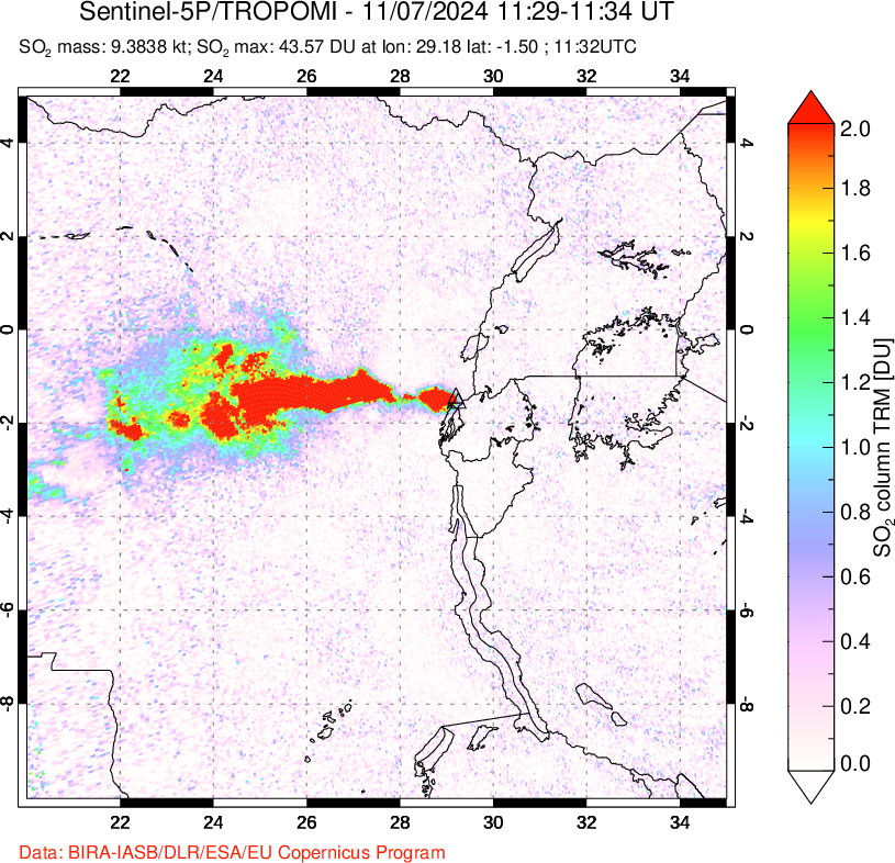 A sulfur dioxide image over Nyiragongo, DR Congo on Nov 07, 2024.