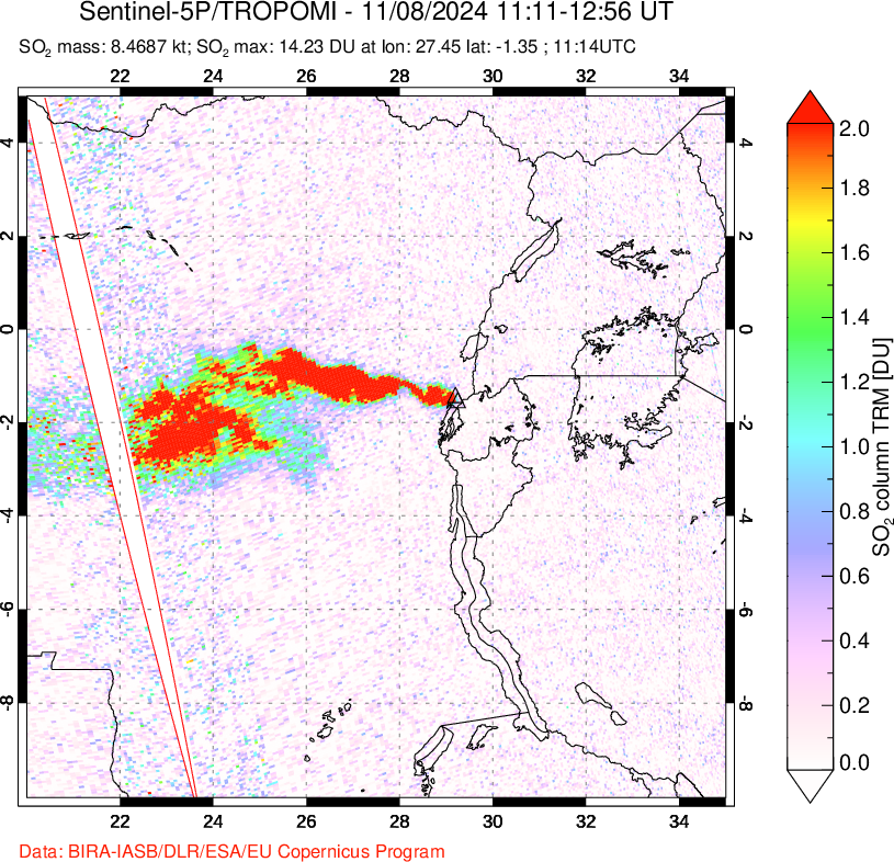 A sulfur dioxide image over Nyiragongo, DR Congo on Nov 08, 2024.