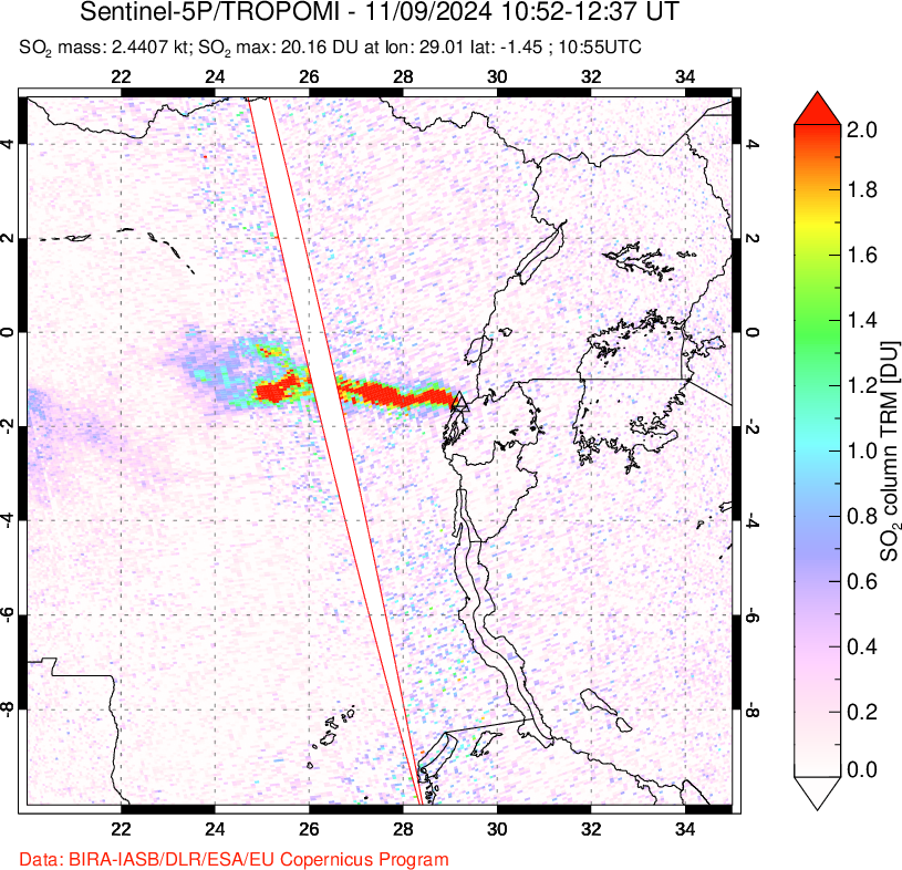 A sulfur dioxide image over Nyiragongo, DR Congo on Nov 09, 2024.