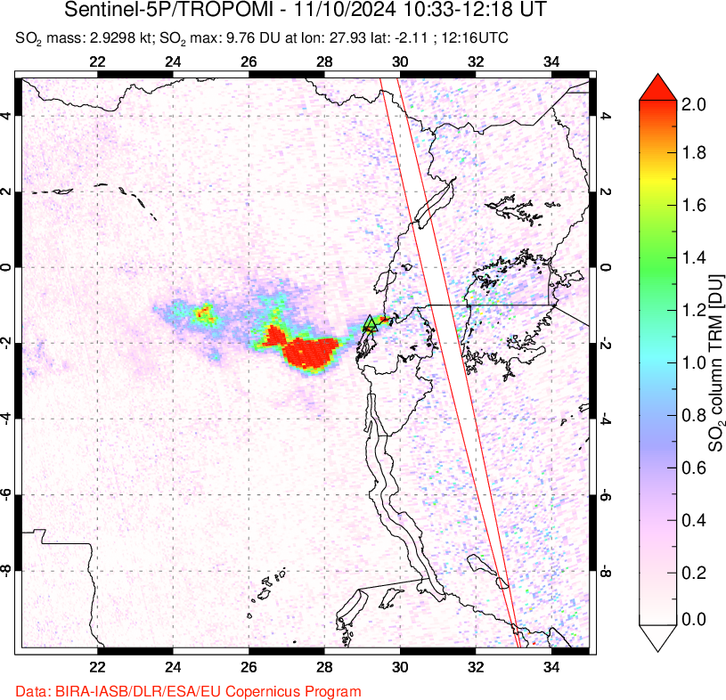 A sulfur dioxide image over Nyiragongo, DR Congo on Nov 10, 2024.