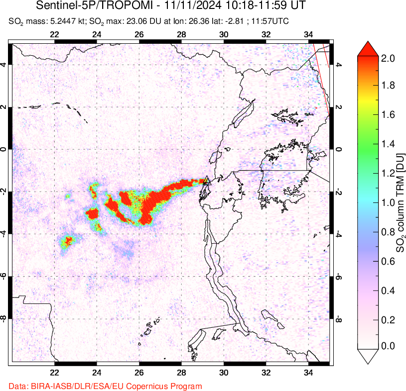 A sulfur dioxide image over Nyiragongo, DR Congo on Nov 11, 2024.