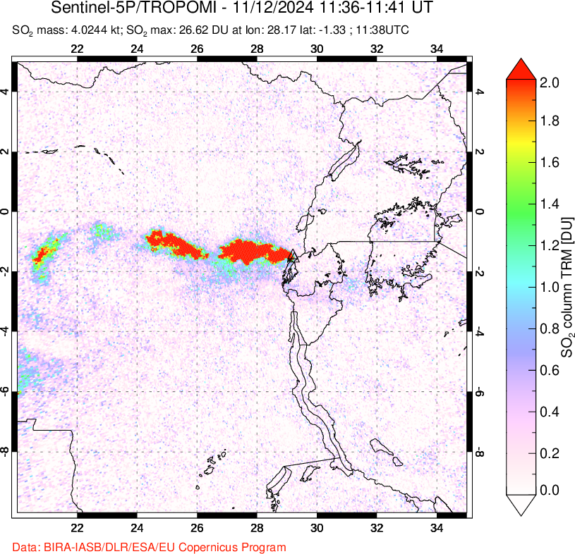 A sulfur dioxide image over Nyiragongo, DR Congo on Nov 12, 2024.