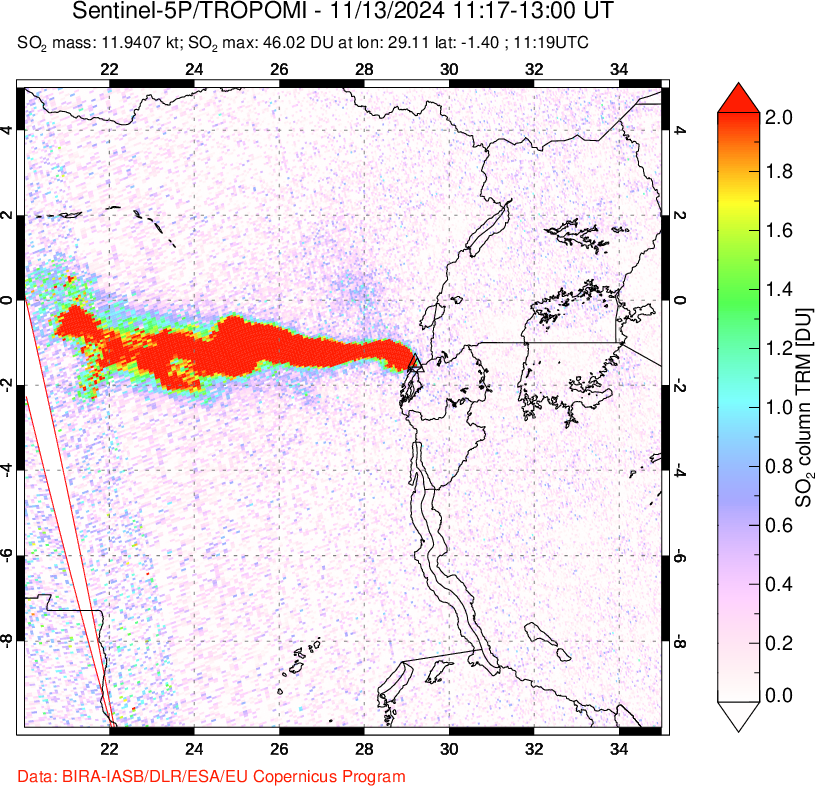 A sulfur dioxide image over Nyiragongo, DR Congo on Nov 13, 2024.