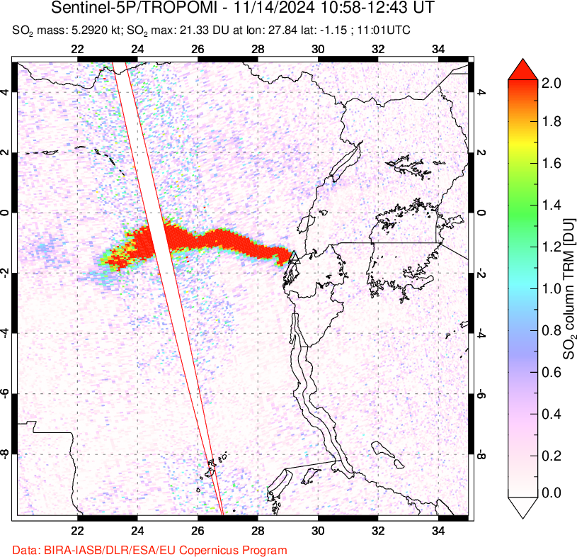 A sulfur dioxide image over Nyiragongo, DR Congo on Nov 14, 2024.