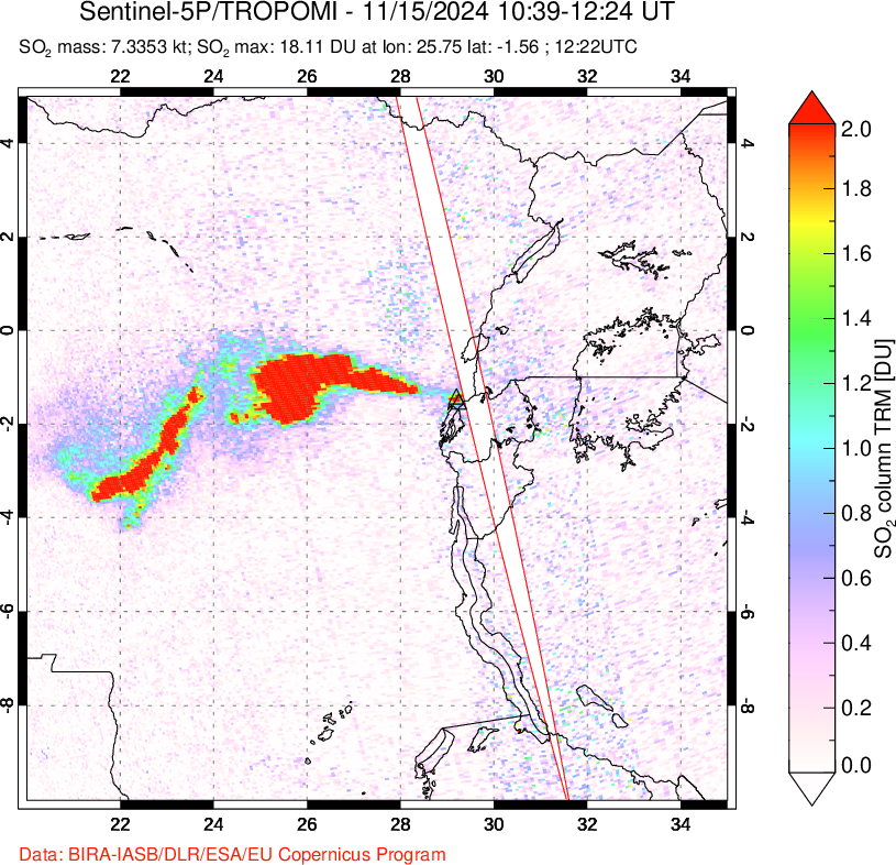 A sulfur dioxide image over Nyiragongo, DR Congo on Nov 15, 2024.