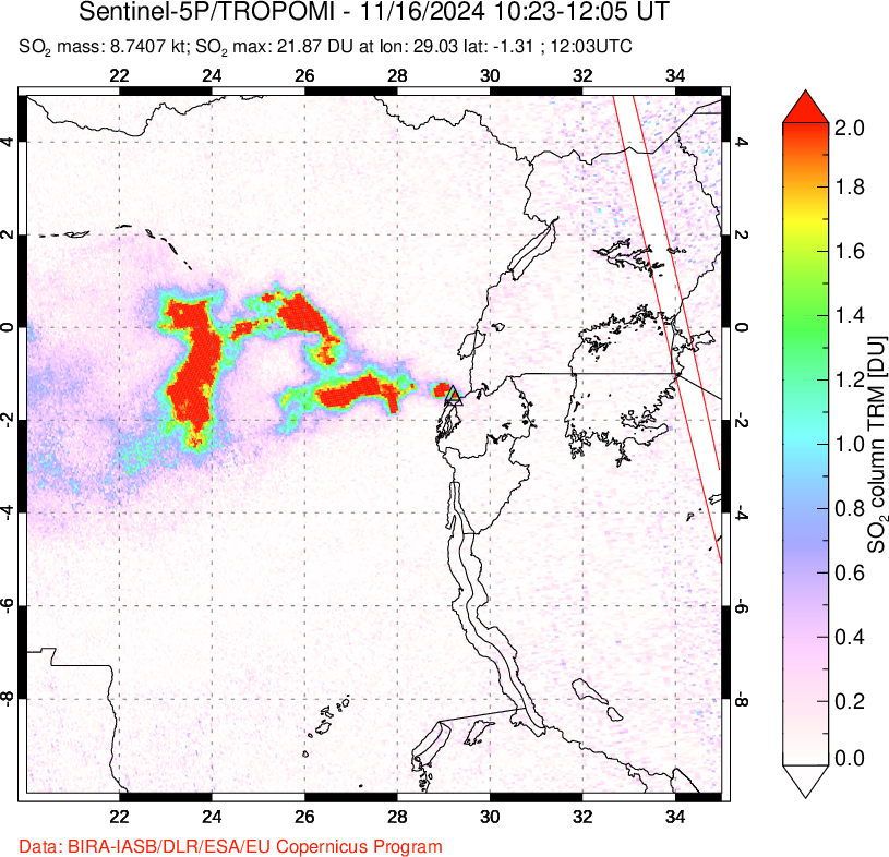 A sulfur dioxide image over Nyiragongo, DR Congo on Nov 16, 2024.