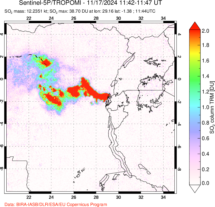 A sulfur dioxide image over Nyiragongo, DR Congo on Nov 17, 2024.