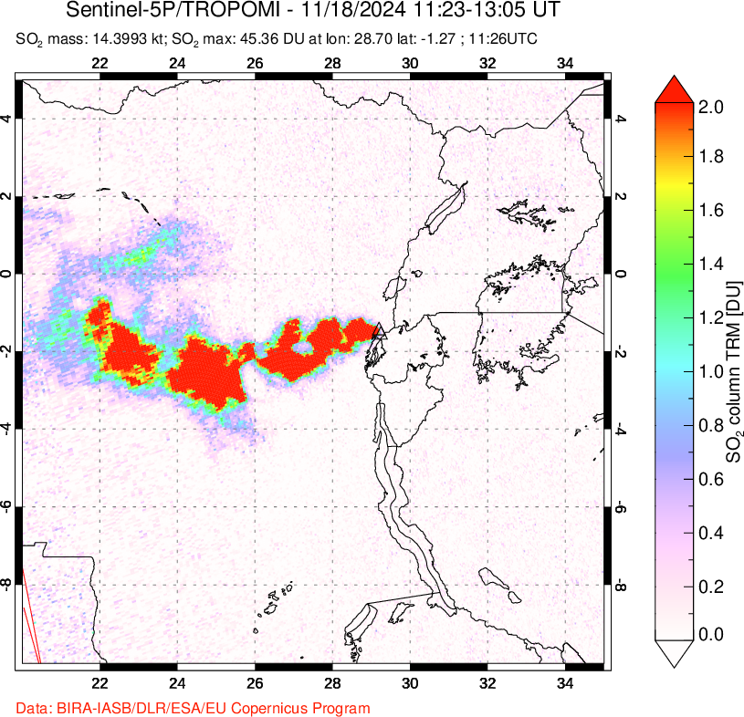 A sulfur dioxide image over Nyiragongo, DR Congo on Nov 18, 2024.