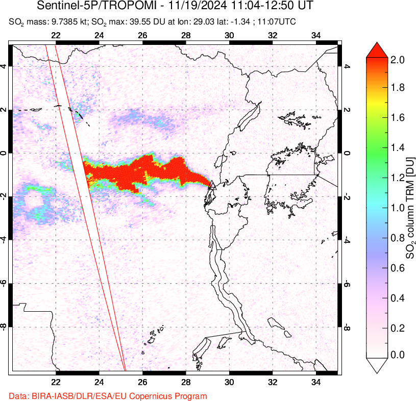 A sulfur dioxide image over Nyiragongo, DR Congo on Nov 19, 2024.