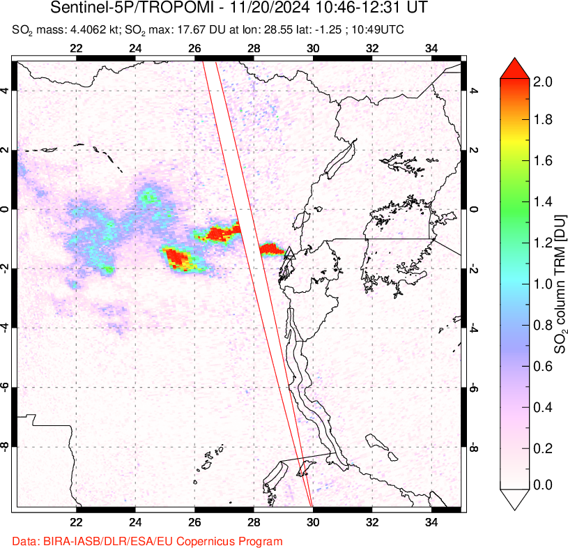 A sulfur dioxide image over Nyiragongo, DR Congo on Nov 20, 2024.