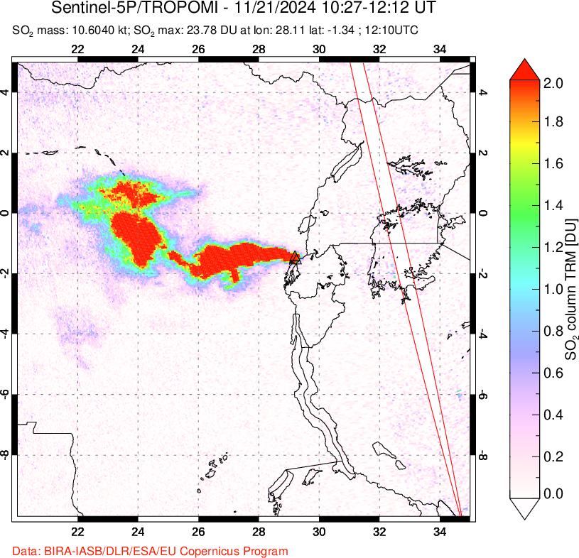 A sulfur dioxide image over Nyiragongo, DR Congo on Nov 21, 2024.