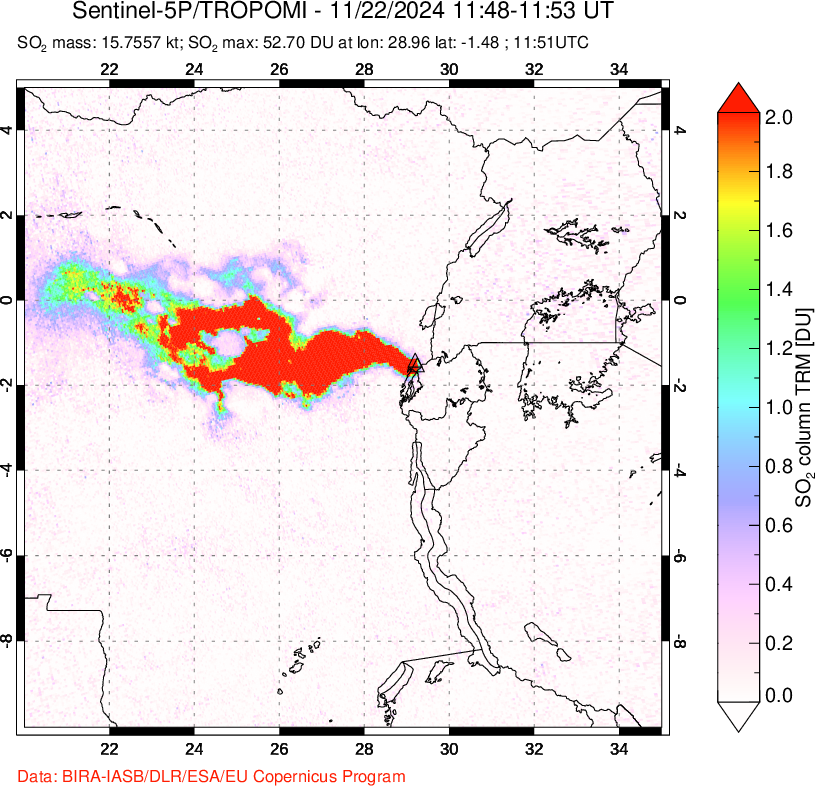 A sulfur dioxide image over Nyiragongo, DR Congo on Nov 22, 2024.