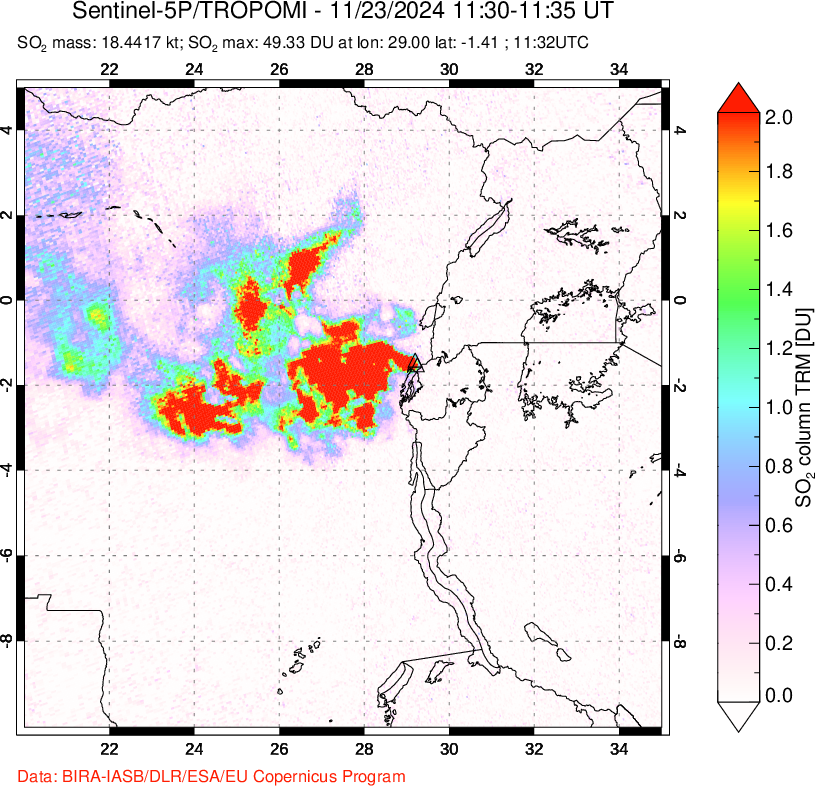 A sulfur dioxide image over Nyiragongo, DR Congo on Nov 23, 2024.