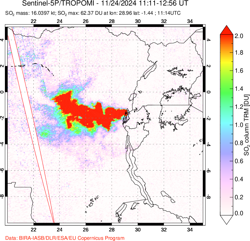 A sulfur dioxide image over Nyiragongo, DR Congo on Nov 24, 2024.