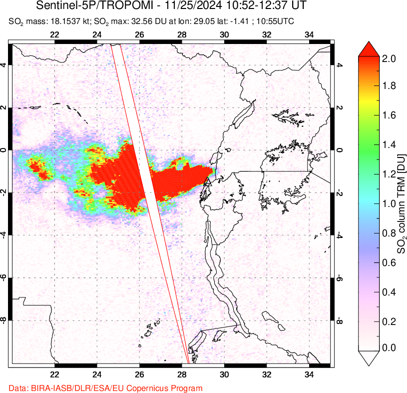 A sulfur dioxide image over Nyiragongo, DR Congo on Nov 25, 2024.