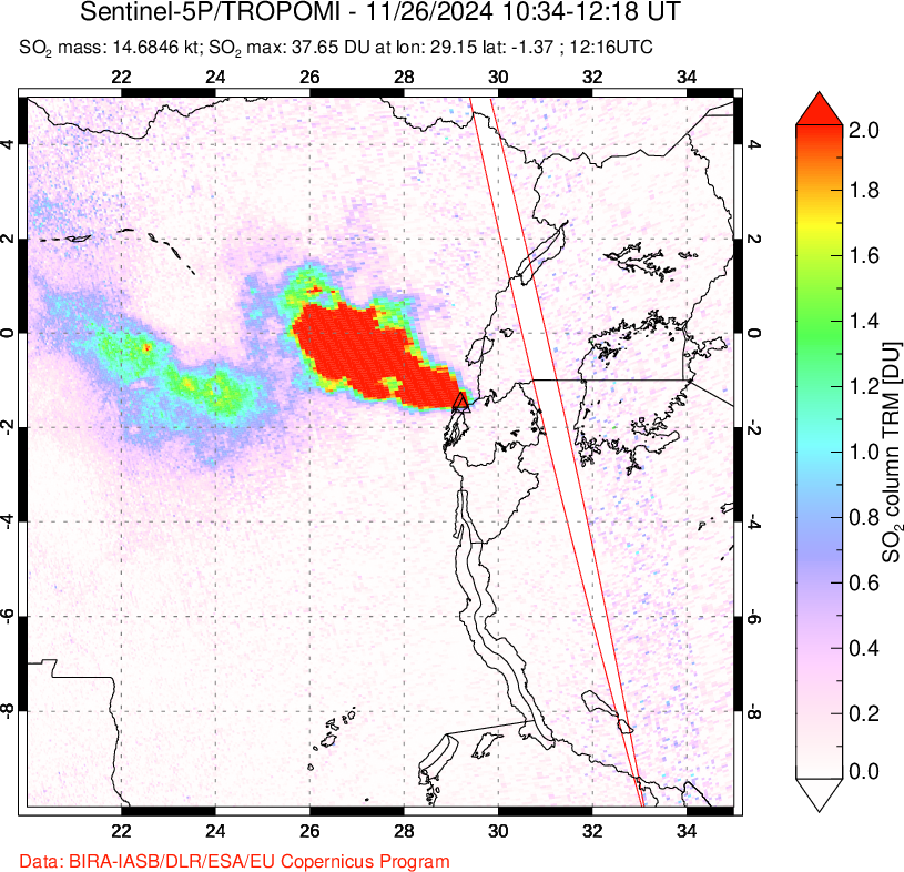 A sulfur dioxide image over Nyiragongo, DR Congo on Nov 26, 2024.