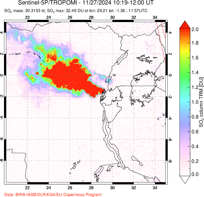 A sulfur dioxide image over Nyiragongo, DR Congo on Nov 27, 2024.