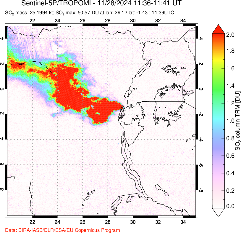 A sulfur dioxide image over Nyiragongo, DR Congo on Nov 28, 2024.