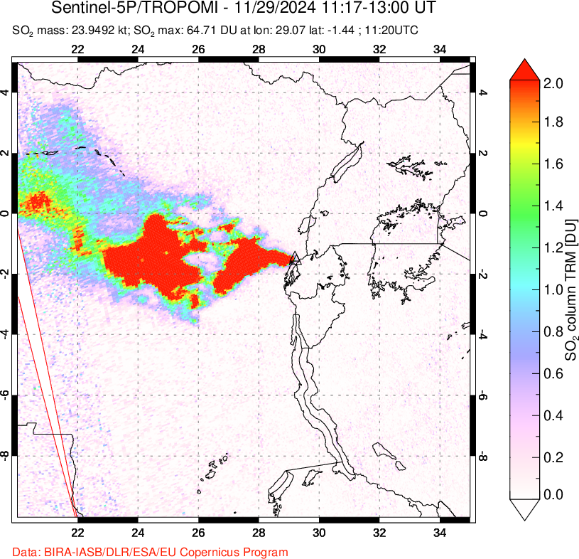 A sulfur dioxide image over Nyiragongo, DR Congo on Nov 29, 2024.