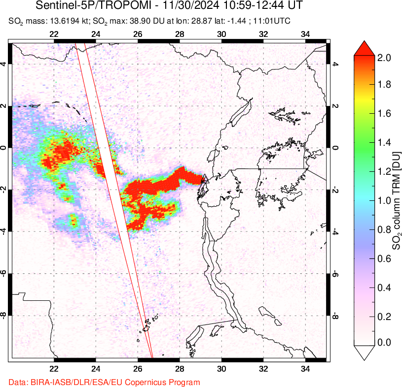 A sulfur dioxide image over Nyiragongo, DR Congo on Nov 30, 2024.