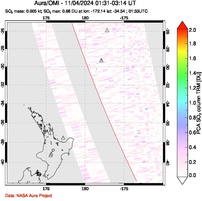 A sulfur dioxide image over New Zealand on Nov 04, 2024.