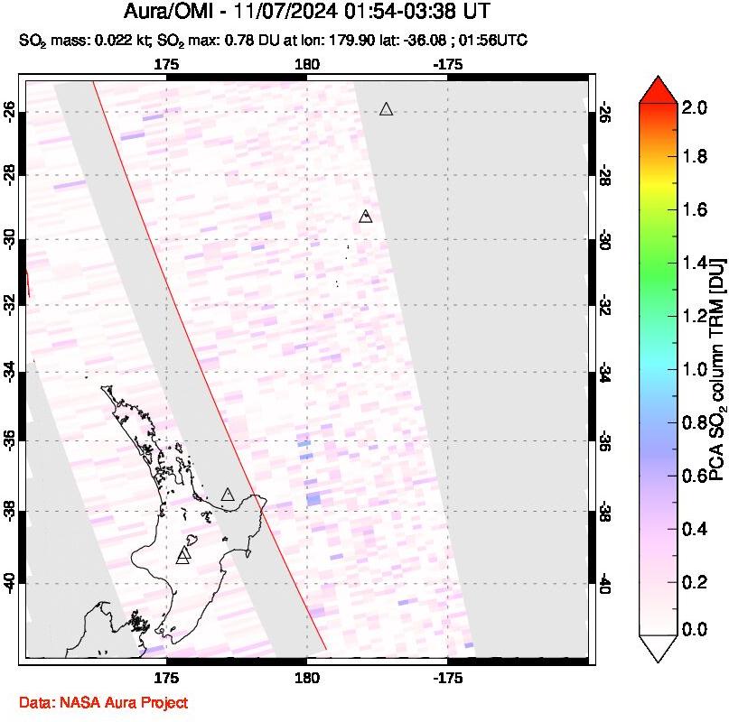 A sulfur dioxide image over New Zealand on Nov 07, 2024.