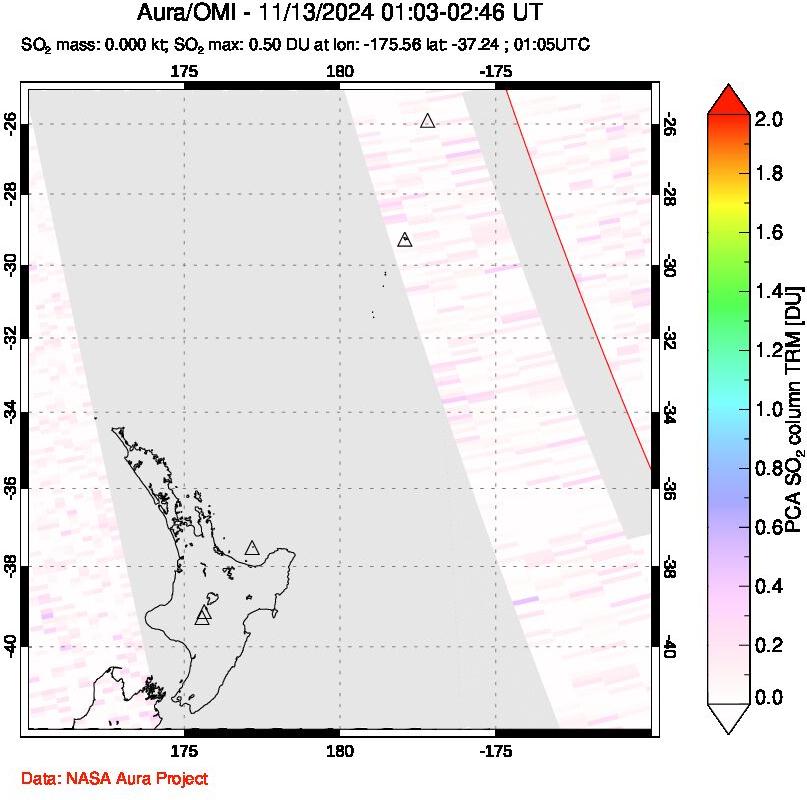 A sulfur dioxide image over New Zealand on Nov 13, 2024.