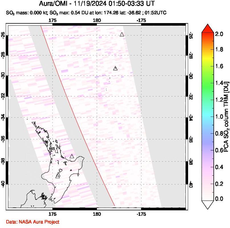A sulfur dioxide image over New Zealand on Nov 19, 2024.
