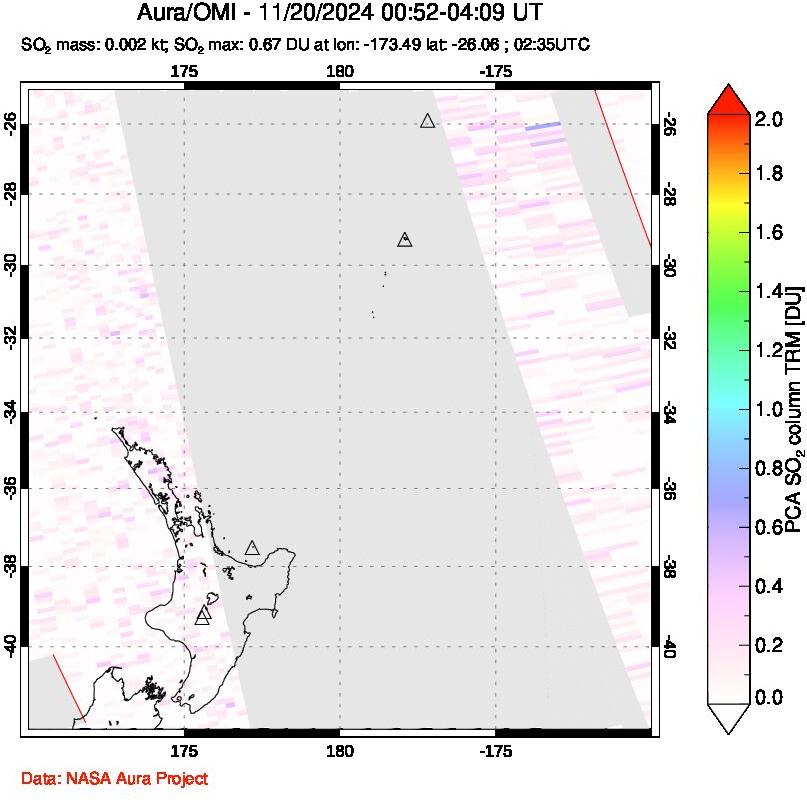 A sulfur dioxide image over New Zealand on Nov 20, 2024.