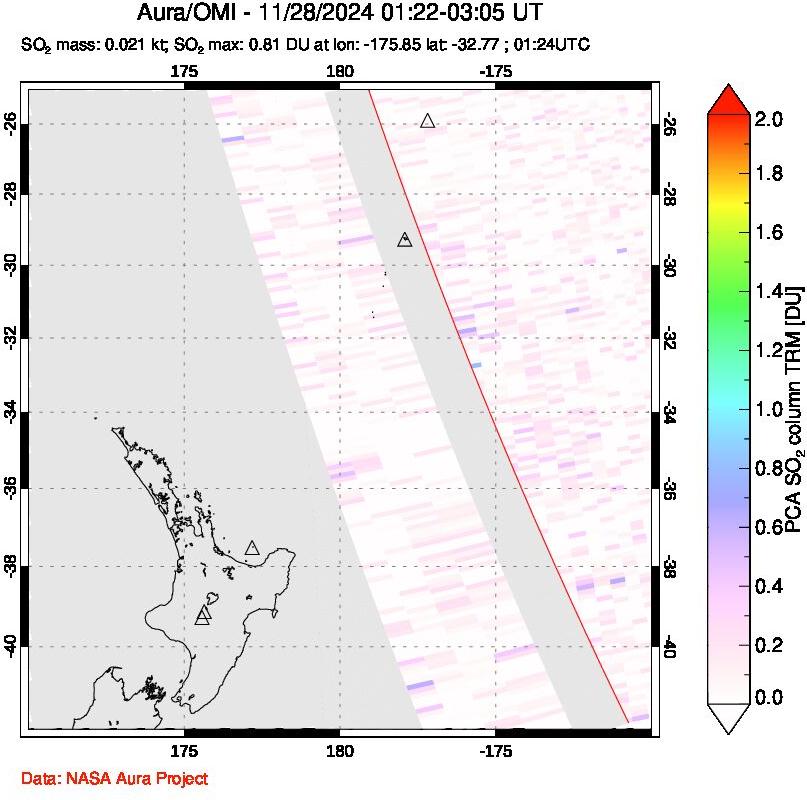 A sulfur dioxide image over New Zealand on Nov 28, 2024.