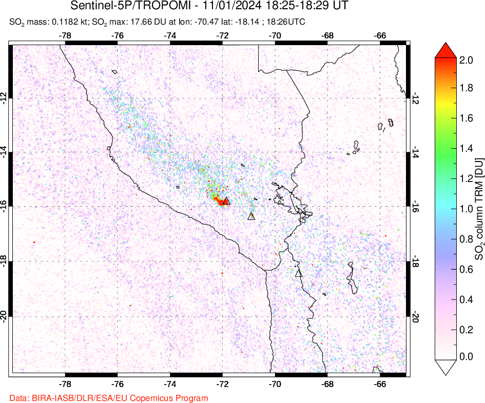 A sulfur dioxide image over Peru on Nov 01, 2024.