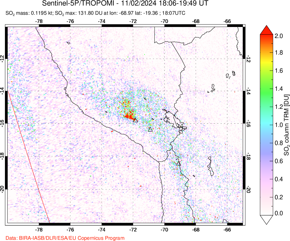 A sulfur dioxide image over Peru on Nov 02, 2024.