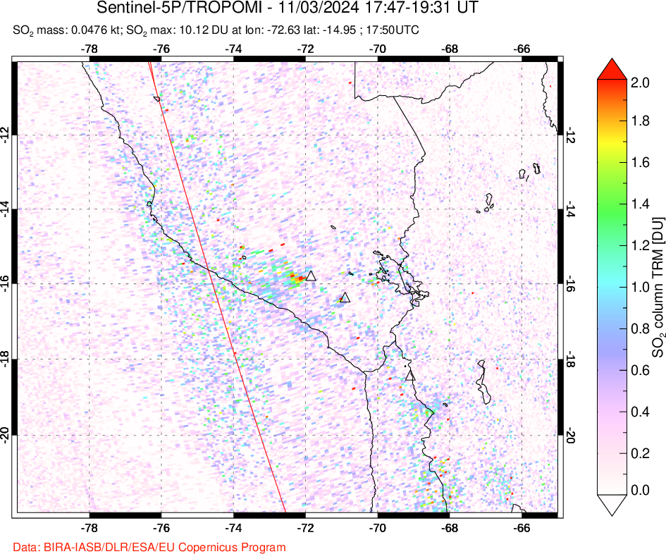 A sulfur dioxide image over Peru on Nov 03, 2024.