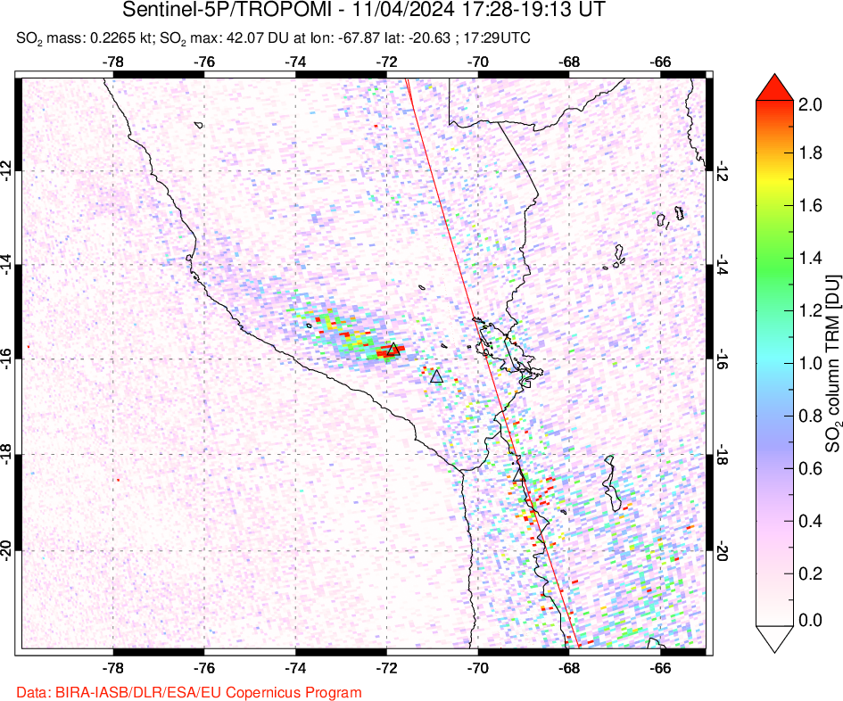 A sulfur dioxide image over Peru on Nov 04, 2024.