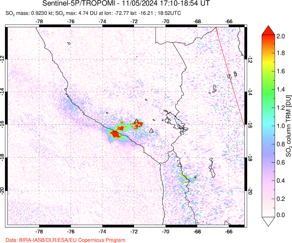 A sulfur dioxide image over Peru on Nov 05, 2024.