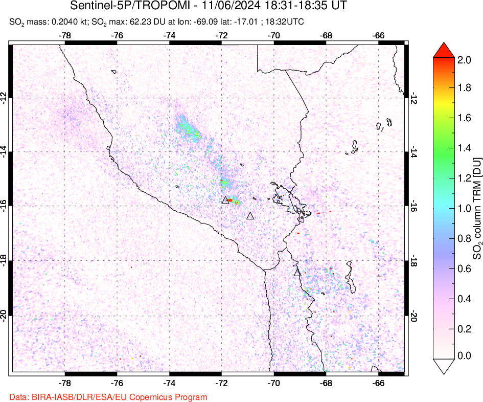 A sulfur dioxide image over Peru on Nov 06, 2024.