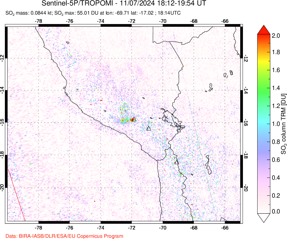 A sulfur dioxide image over Peru on Nov 07, 2024.