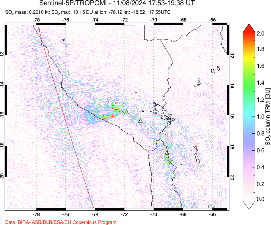 A sulfur dioxide image over Peru on Nov 08, 2024.